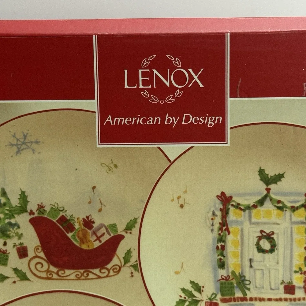 4 LENOX Christmas Dessert Plates Holiday Inspirations Illustrations Set Scenes